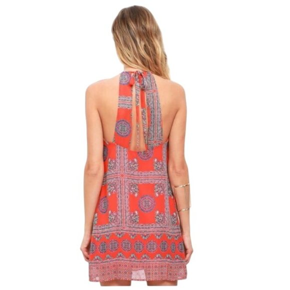 2 Lulus Chiffon Shift Dresses Size S Coral Red Geometric/Black V-Neck Cut-Out - Picture 16 of 16